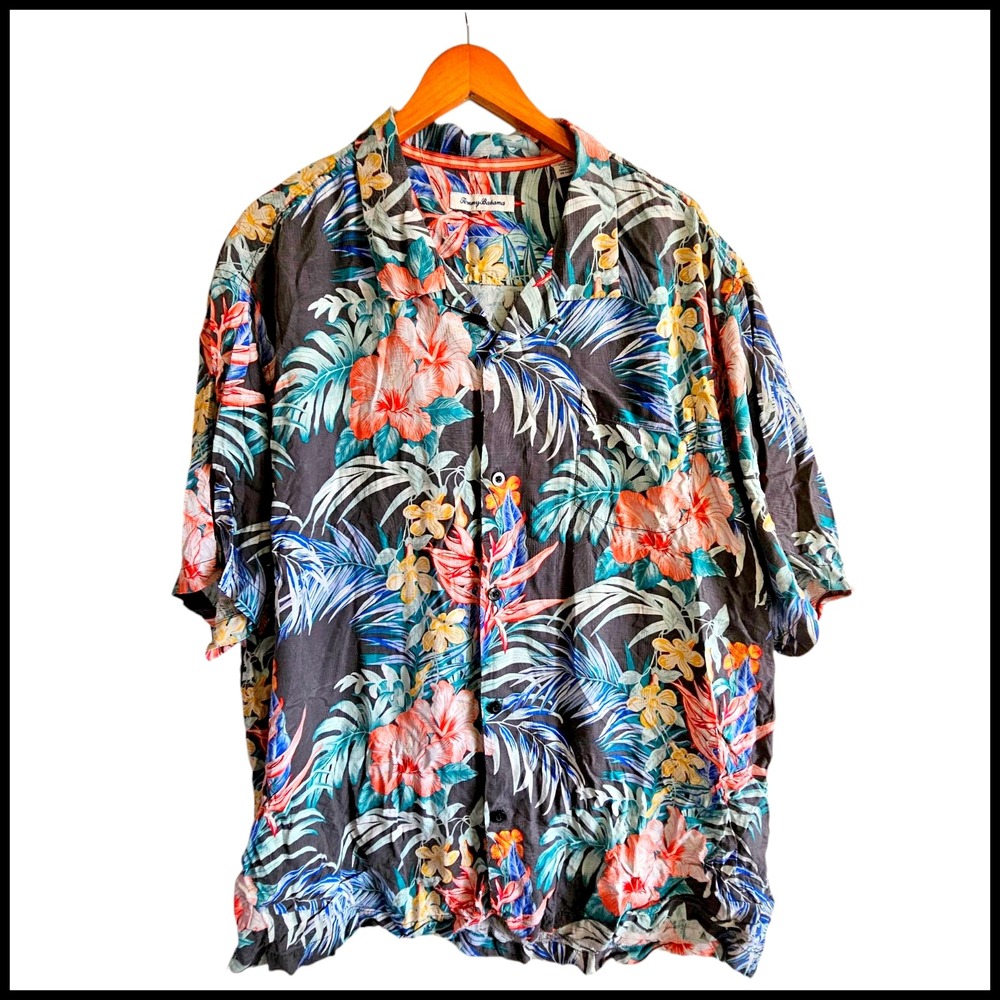Tommy Bahama Silk‎ Hawaiian Shirt Tropical Floral Button Up 3XL Plus Size